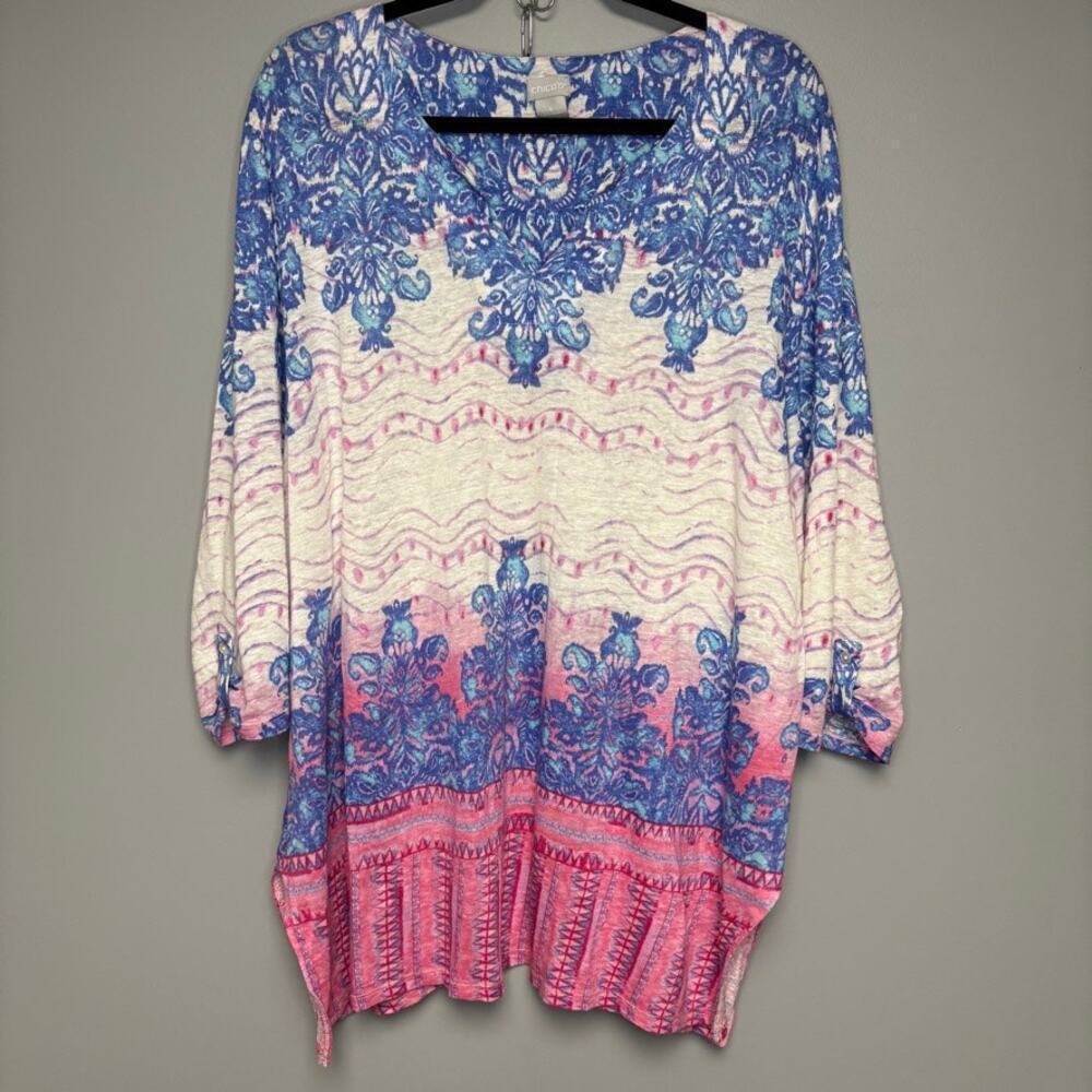 Chico's Sz 4 100% Linen Boho Print Split Neck‎ Tunic Sz XXL